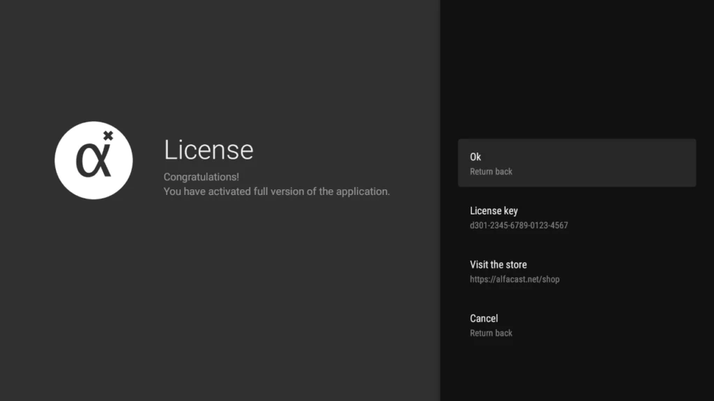 alfacast screen mirror app License key activated window for Android TV