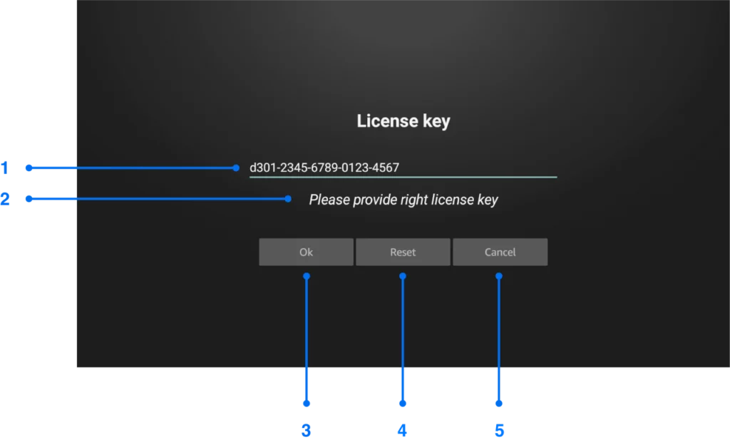 alfacast screen mirror app License key dialog box for Android TV