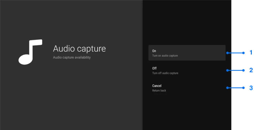 Audio capture settings window for Android TV screen mirroring