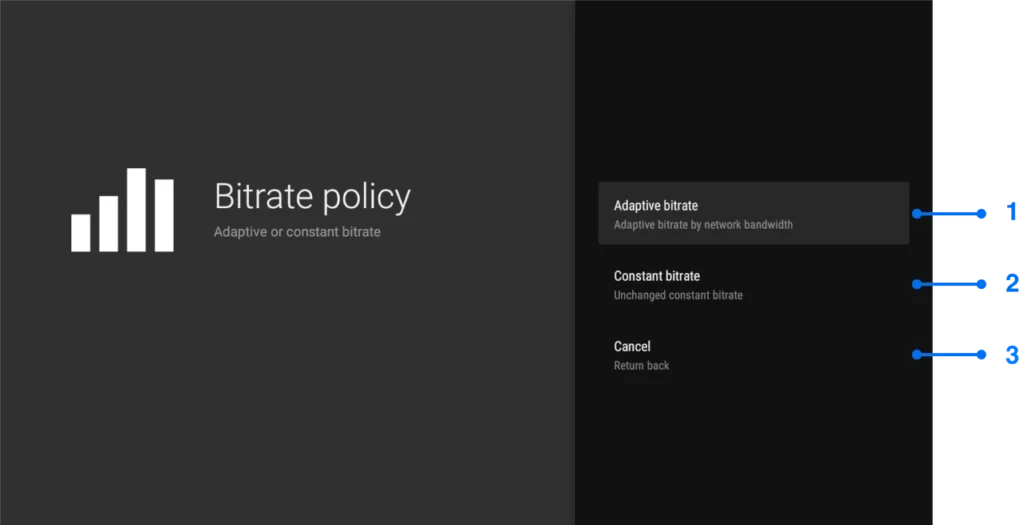Bitrate policy settings window for Android TV screen mirroring