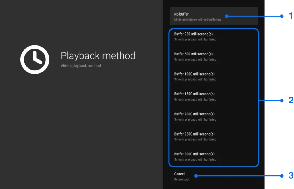 Playback method settings window for Android TV screen mirroring