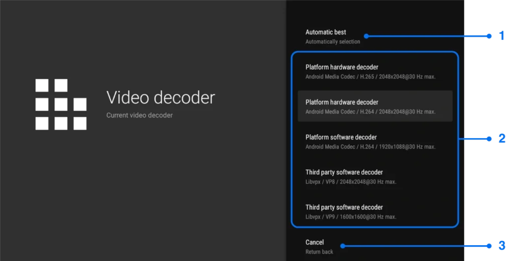 Video decoder settings window for Android TV screen mirroring