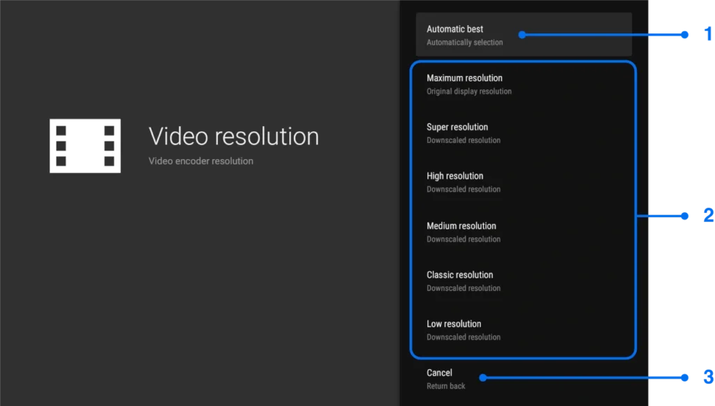 Video resolution settings window for Android TV screen mirroring