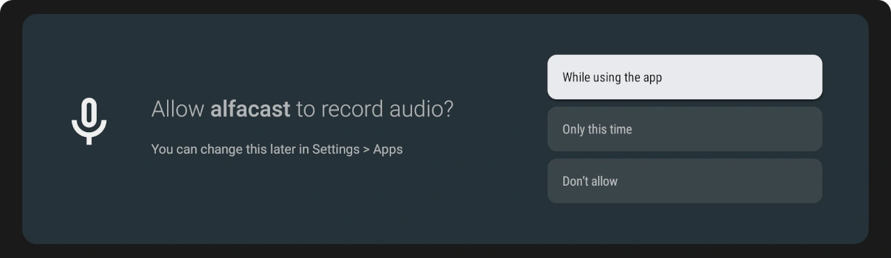 Android TV screen mirroring app request audio record permissions