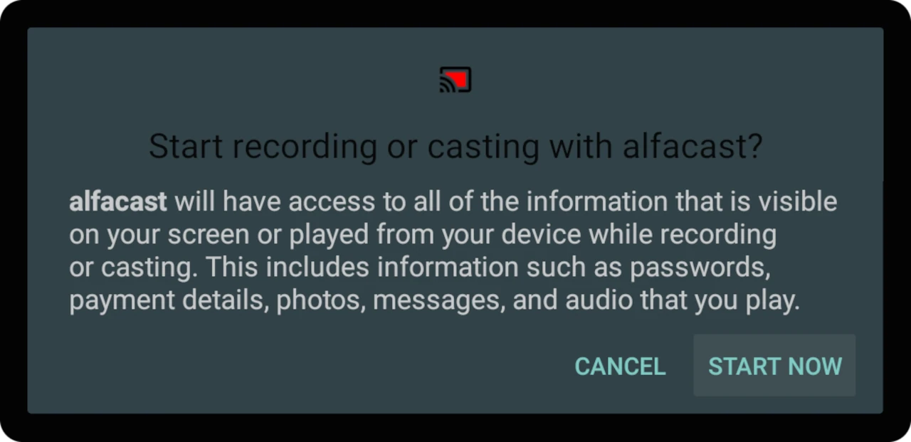 Android TV screen mirroring app request screen cast permissions