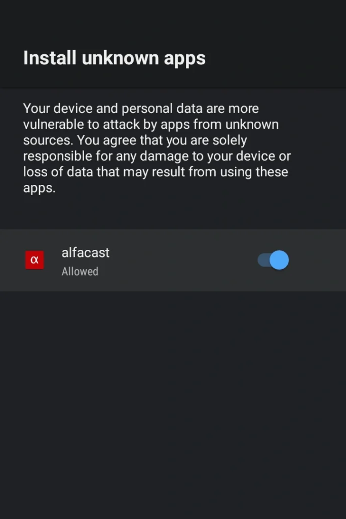 App update request install permissions window for Android TV screen mirroring