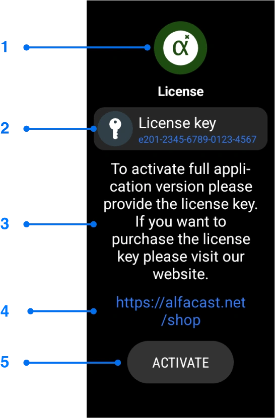 alfacast screen mirror app License window for Wear OS