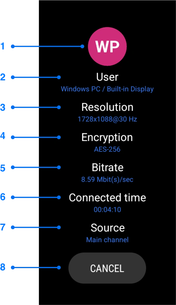 Streaming info window for Wear OS screen mirroring