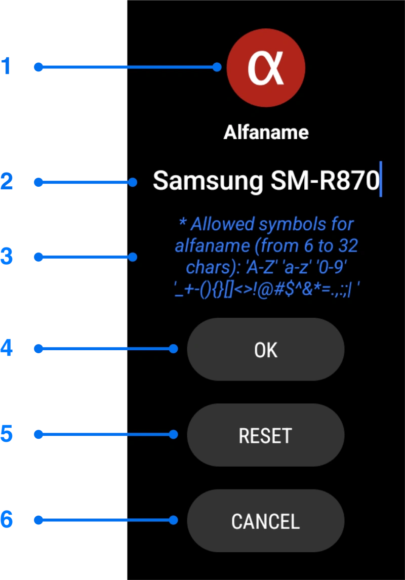 Alfaname selection window for alfacast screen mirror