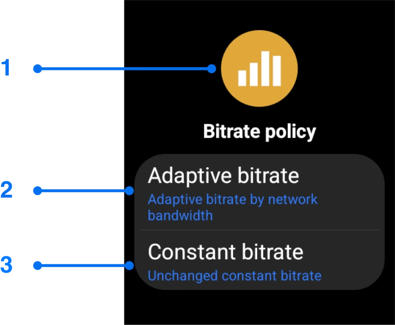 Bitrate policy settings window for Wear OS screen mirroring