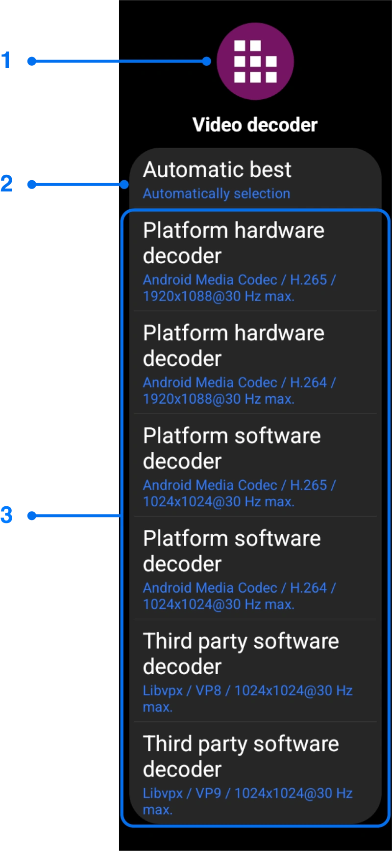 Video decoder settings window for Wear OS screen mirroring