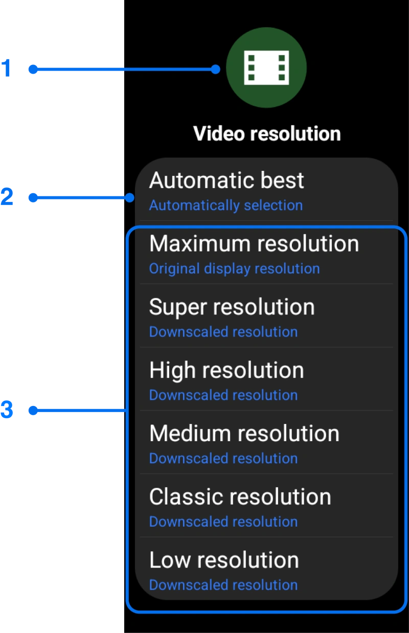 Video resolution settings window for Wear OS screen mirroring