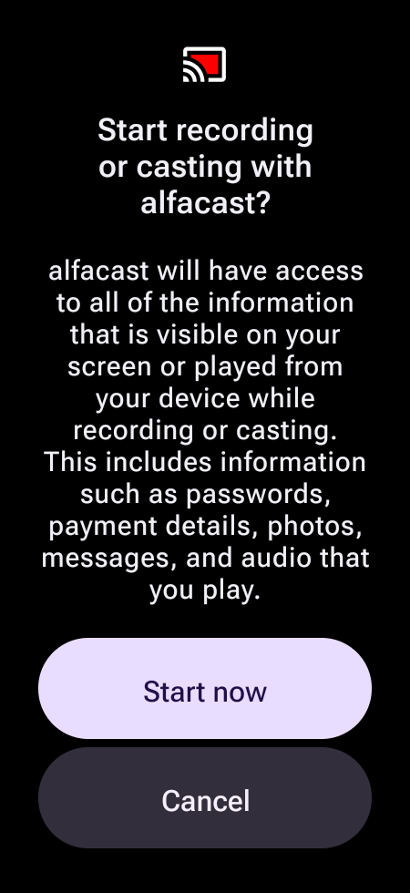 Wear OS screen mirroring app request screen cast permissions