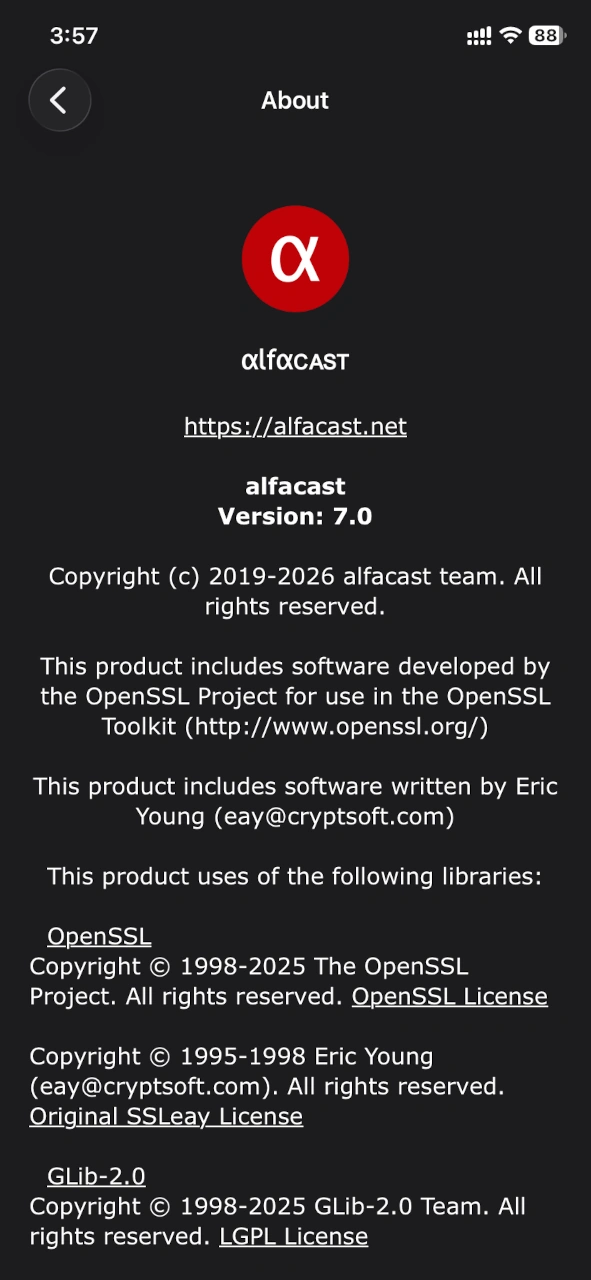 alfacast screen mirror app About window for iOS