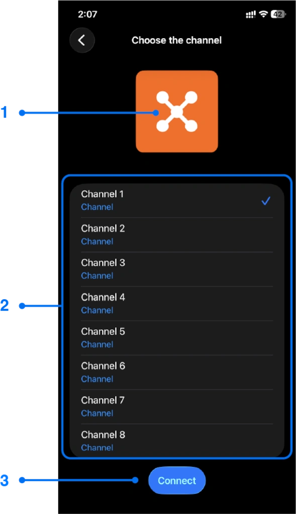 Channel selector window for iPhone screen mirroring