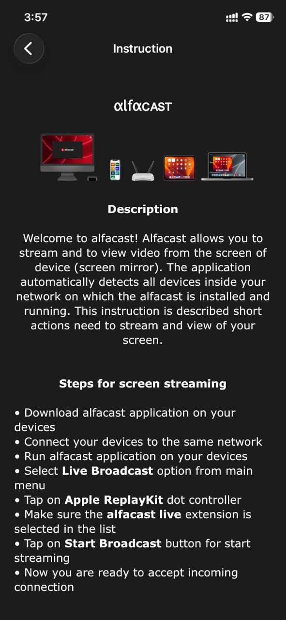 alfacast screen mirror app Instruction window for iOS