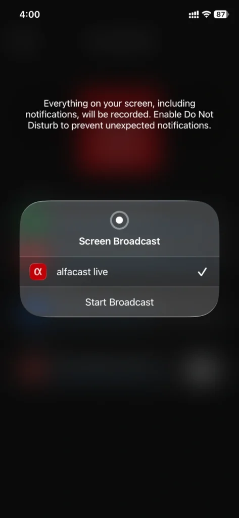 iOS screen broadcast dialog for iPhone screen mirroring