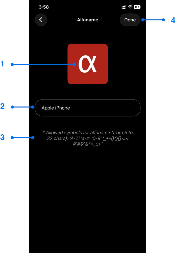 Alfaname selection window for alfacast screen mirror