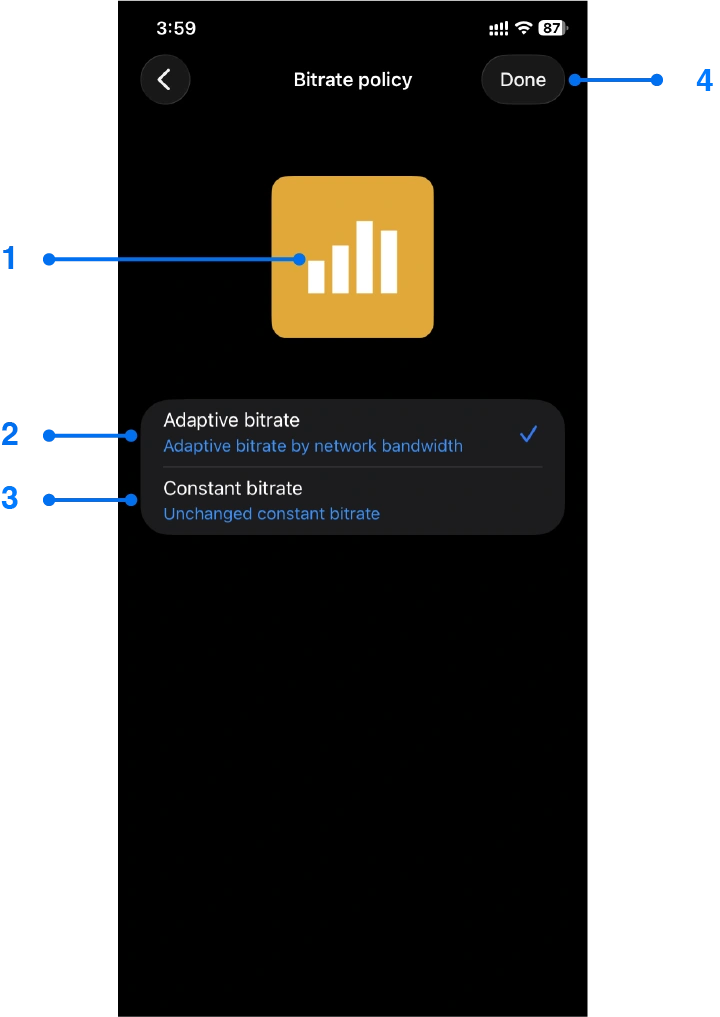 Bitrate policy settings window for iPhone screen mirroring
