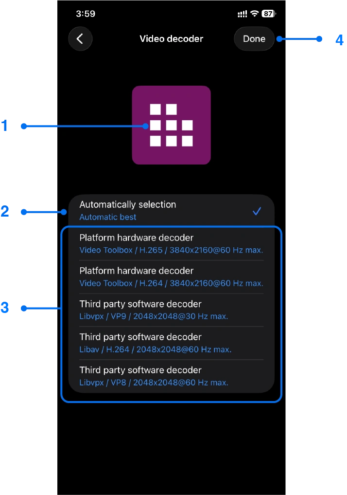 Video decoder settings window for iPhone screen mirroring