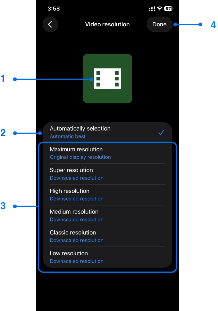 Video resolution settings window for iPhone screen mirroring