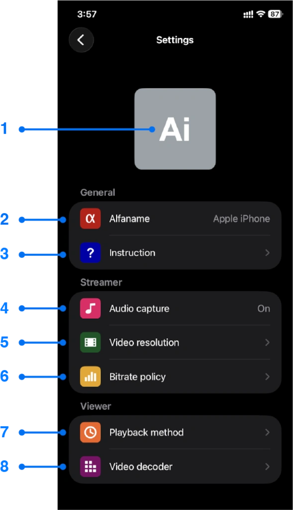 Settings window of iPhone screen mirroring