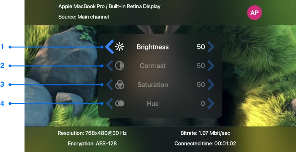Picture adjustments window for Apple TV screen mirroring