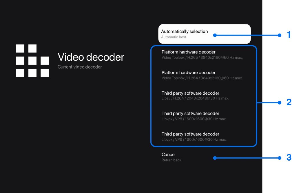 Video decoder settings window for Apple TV screen mirroring