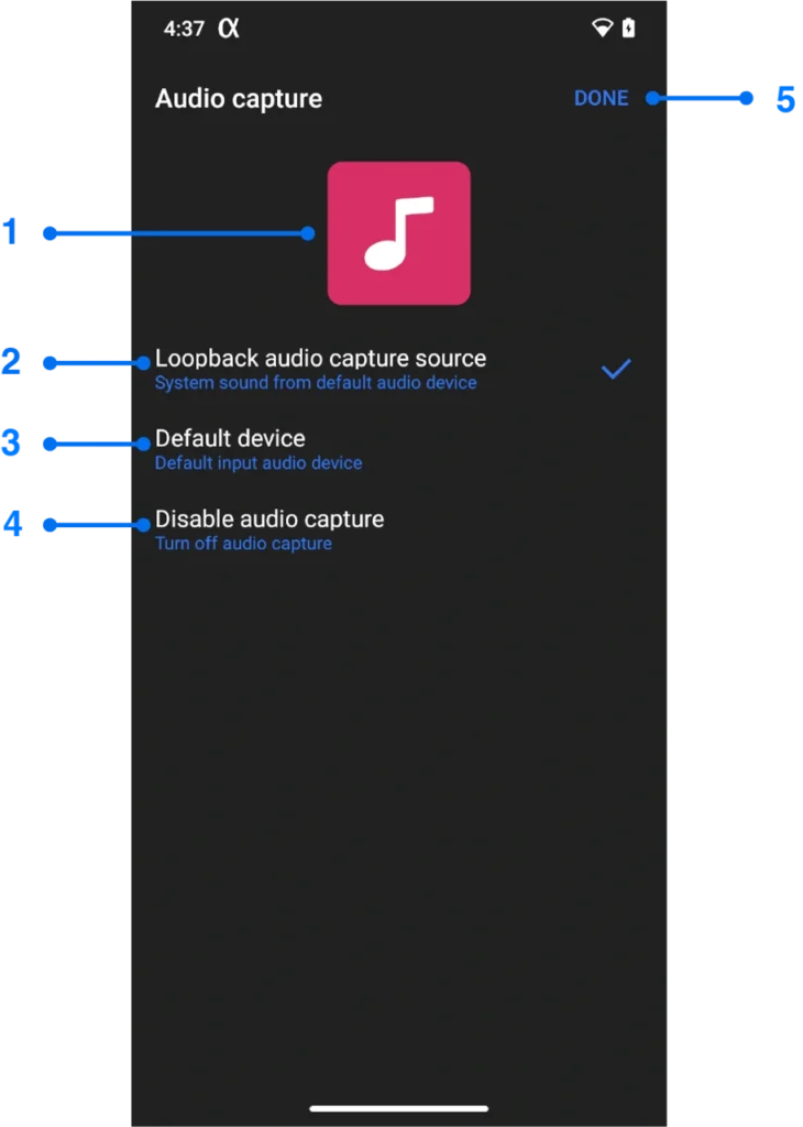 Audio capture settings window for Android screen mirroring