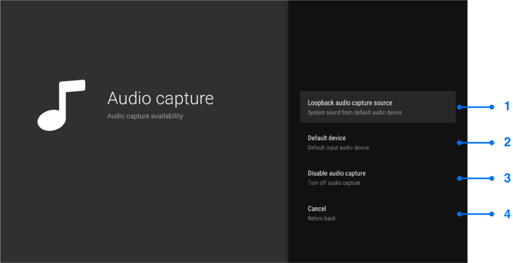 Audio capture settings window for Android TV screen mirroring