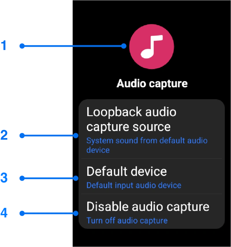 Audio capture settings window for Wear OS screen mirroring